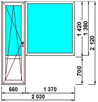 Балконная пластиковая конструкция Goodwin 3-КАМ, 58 ММ 32 СТ/П, разм: 2120х1420х700х1360х660х2030, дверь слева